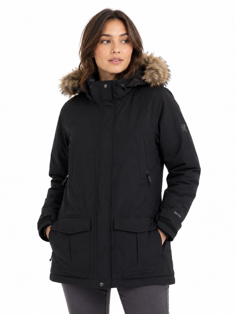Eastern Mountains Sports Black Puffer Jacket With Faux Fur Lined Hood Large